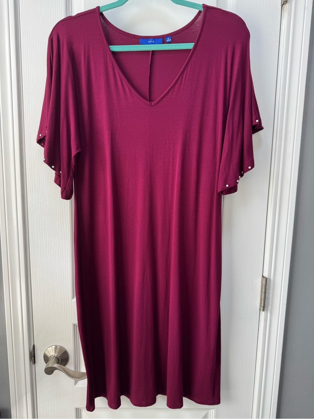Apt. 9 Burgundy V-Neck Midi Dress with Pearl-Trim Flutter Sleeves